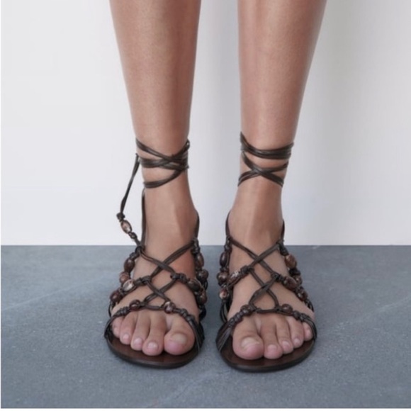 Shoes - Zara Beaded Lace Up Leather Gladiator Sandals